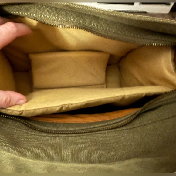 Military Green Canvas Crossbody Bag with Brown Leather Straps - Picture 8 of 11